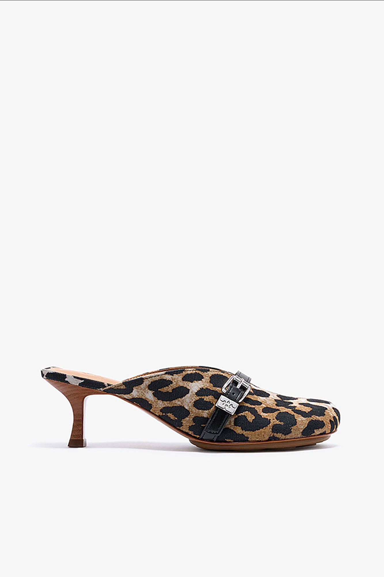 Sue Heeled Mules in Leopard, Recycled Cotton, in colour Almond Milk - 1 - GANNI