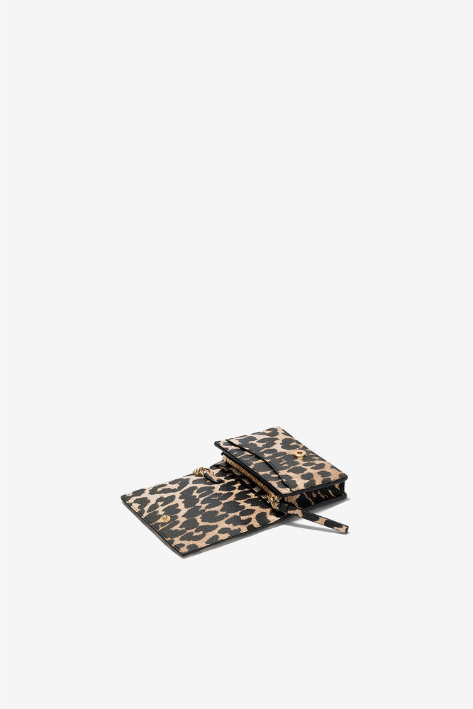 Bou Card Holder with Flap in Grained Leopard, Almond Milk