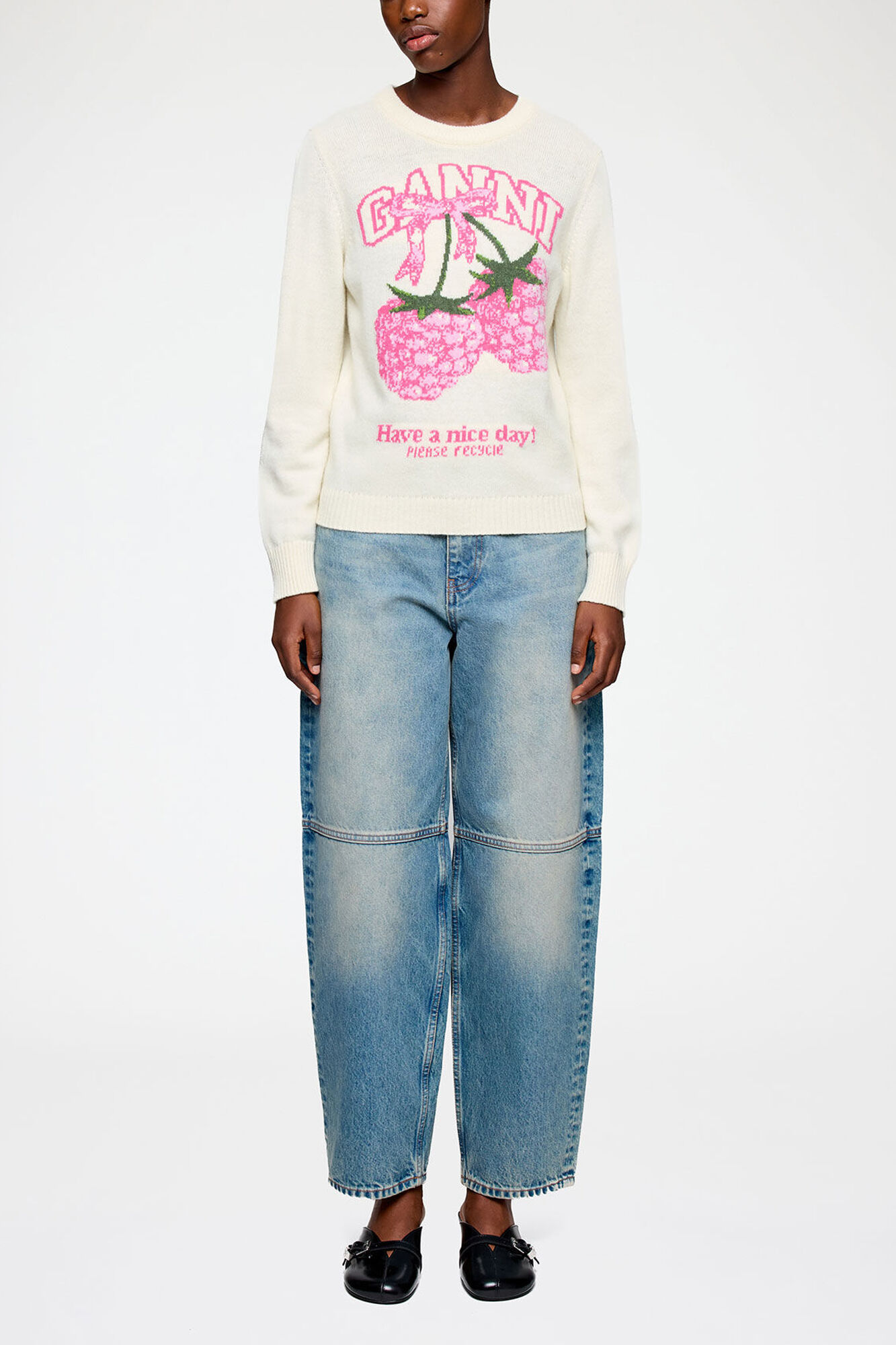 Jumper in Graphic Wool, Wool, in colour Egret - 2 - GANNI