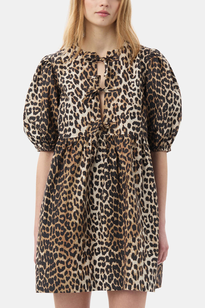 Leopard Printed Cotton Tie String Mini Dress, Leopard