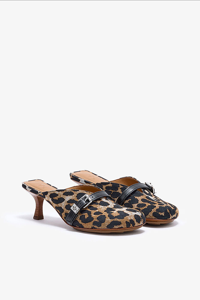 Sue Heeled Mules in Leopard, Almond Milk