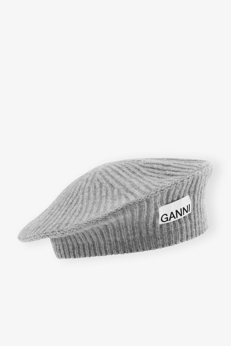 Wool Rib Knit Beret, Wool, in colour Paloma Melange - 1 - GANNI