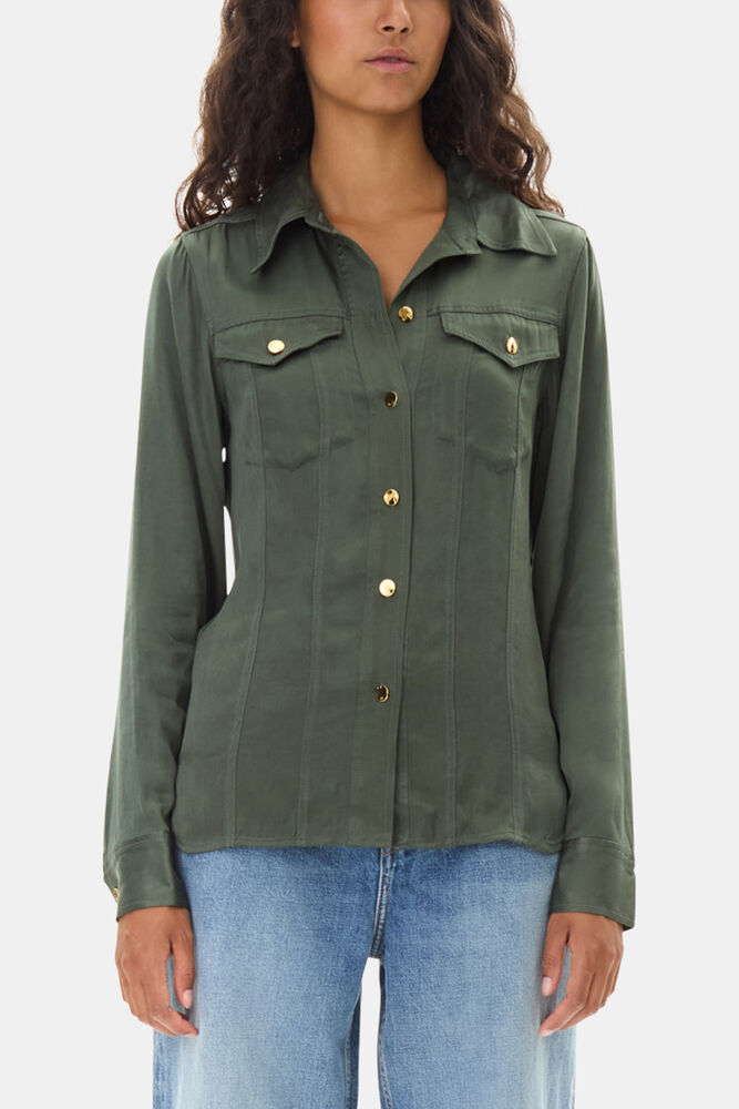 Green Washed Satin Shirt, Climbing Ivy