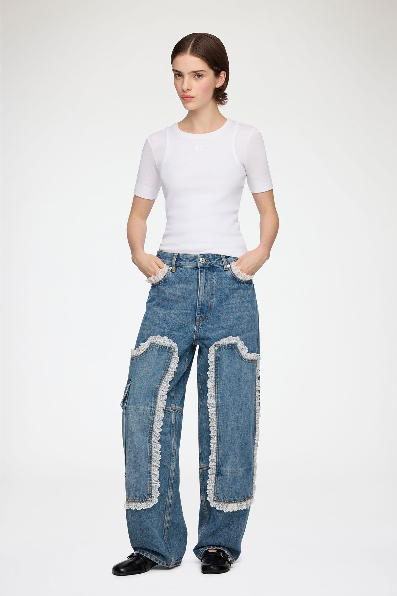 Audri Lace Jeans in Rigid Denim, Organic Cotton, in colour Dark Blue Vintage - 1 - GANNI