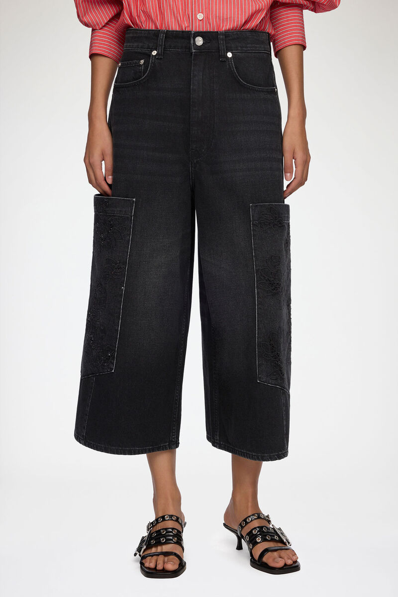 Cropped cargo jeans i sort denim, Organic Cotton, in colour Black Washed - 2 - GANNI