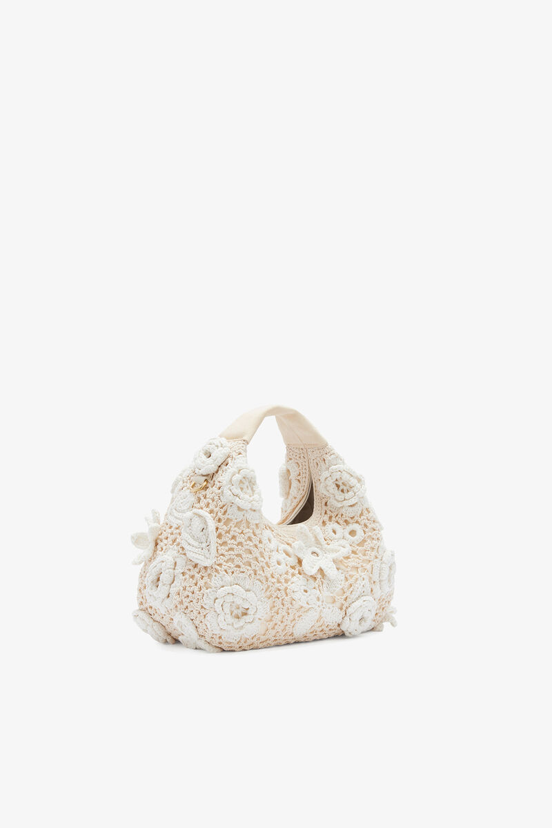 Mini Hobo Bag in White Crochet, Organic Cotton, in colour Egret - 2 - GANNI