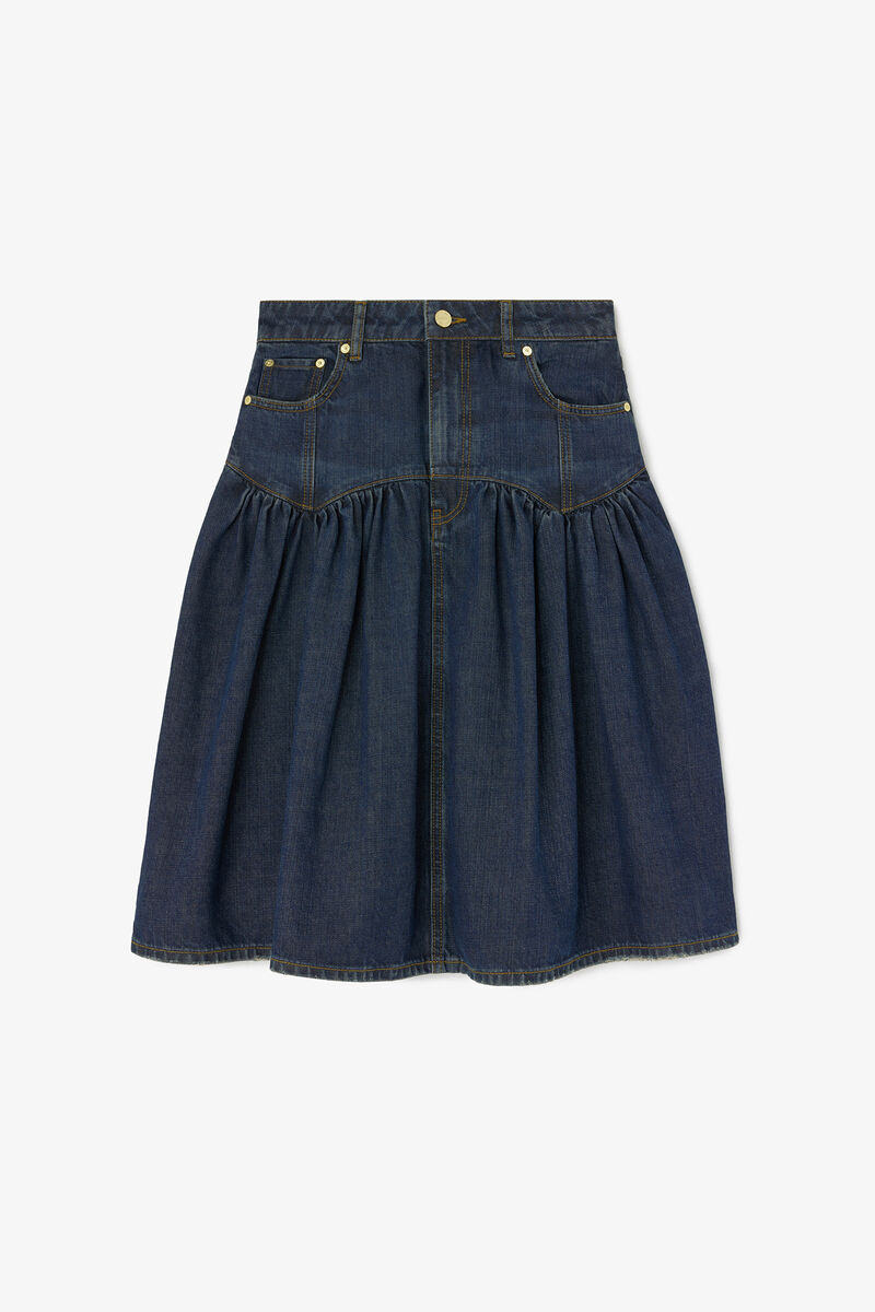 Skirt in Textured Slub Denim, Recycled Cotton, in colour Dark Blue Vintage - 1 - GANNI