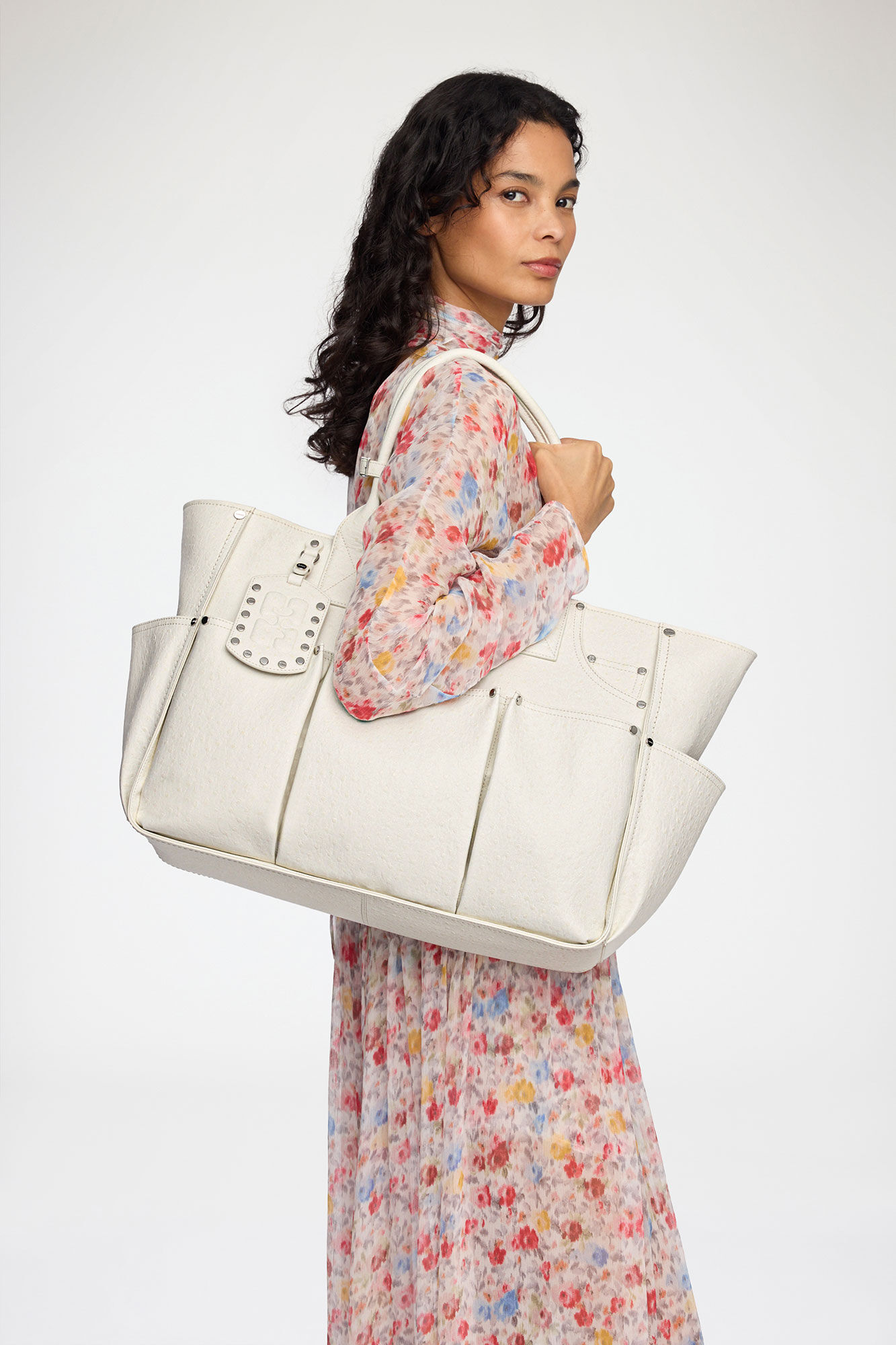 Posy Bag in White Ostrich, Recycled Polyester, in colour Egret - 1 - GANNI