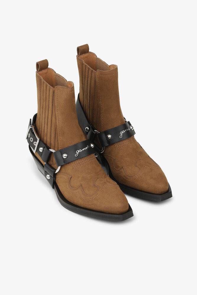 Brown Suede Low Cut Western Chelsea Boots, Tobacco Brown