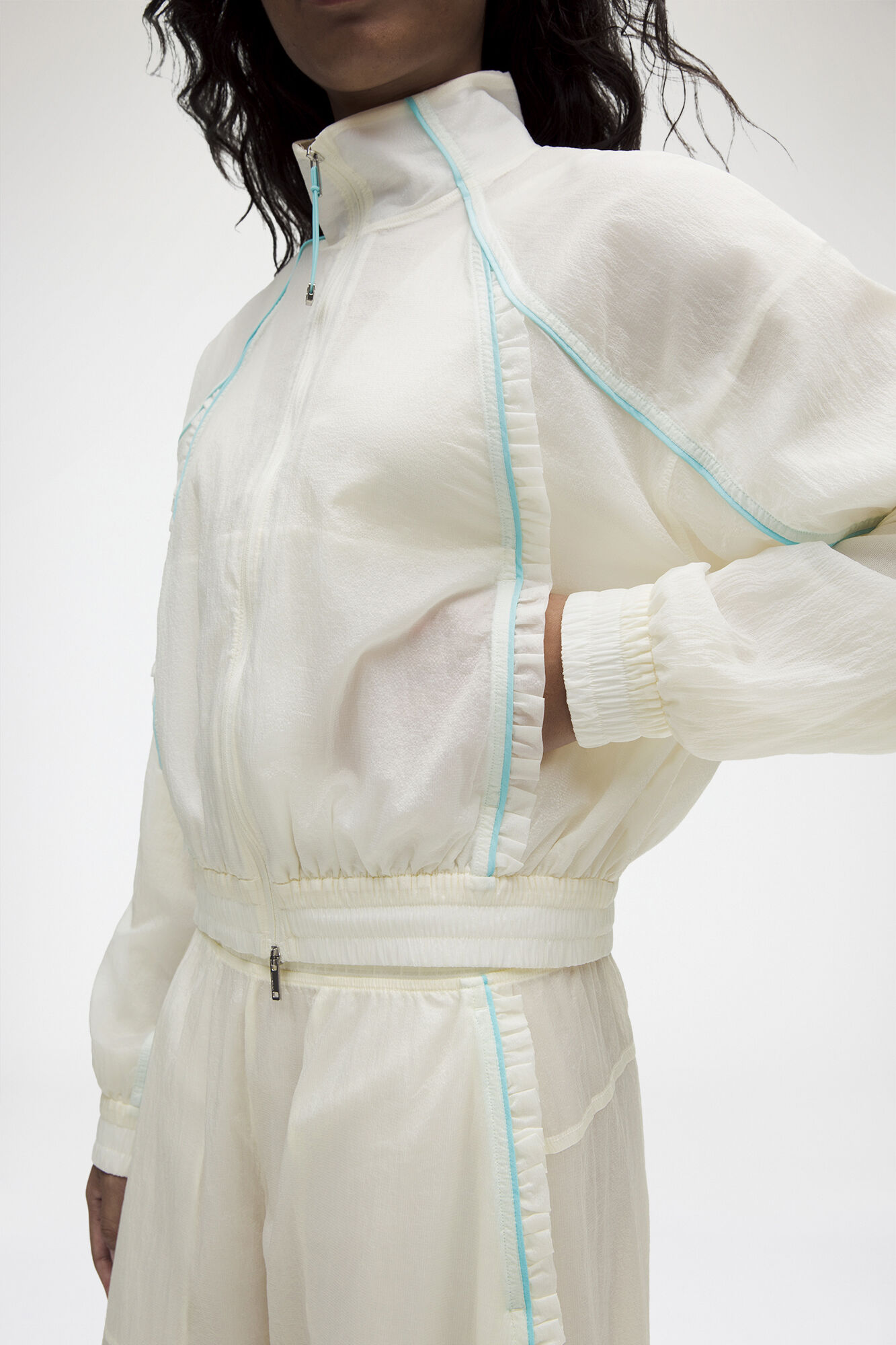 Ruffle-Trim Textured Jacket, Recycled Polyamide, in colour Coconut Ivory - 4 - GANNI