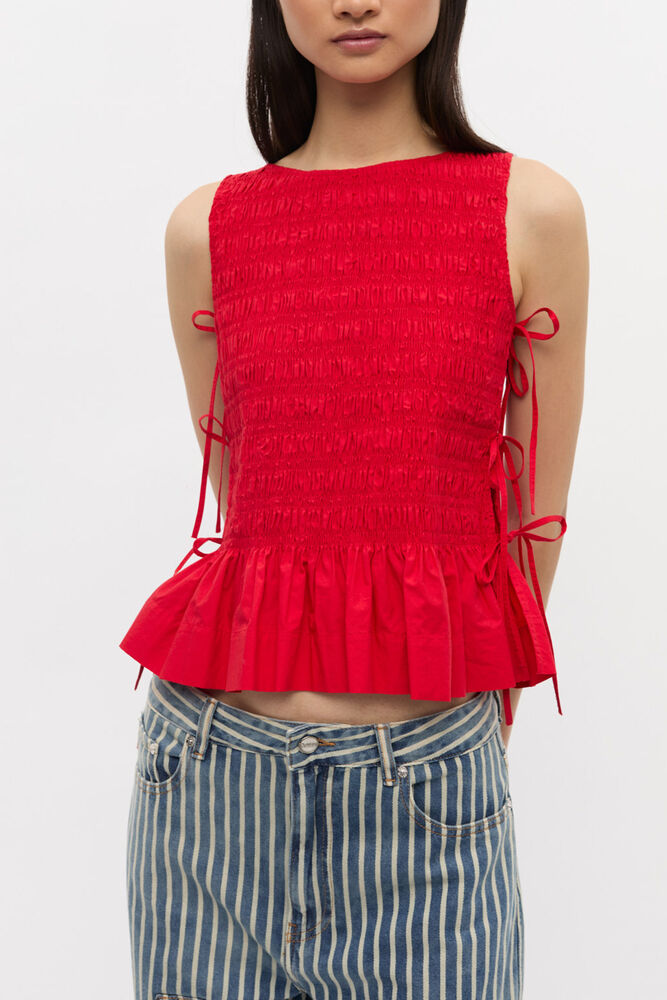 Haut à liens smocké en coton rouge, Racing Red