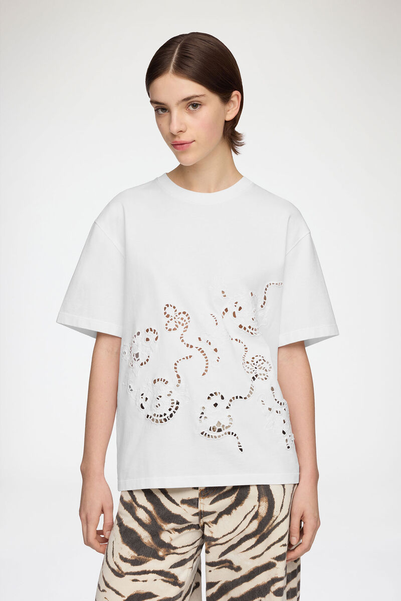 T-Shirt mit weißer Broderie Anglaise, Organic Cotton, in colour Bright White - 1 - GANNI