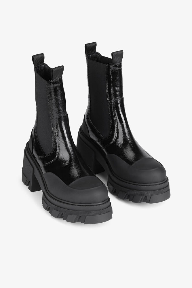 Cleated Heeled Mid Chelsea Boots in Black Naplack, Black