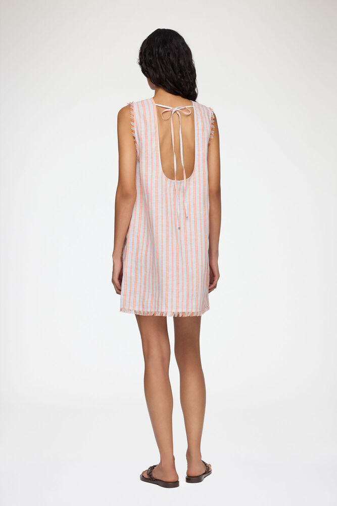 Mini Dress in Striped Linen, Cantaloupe