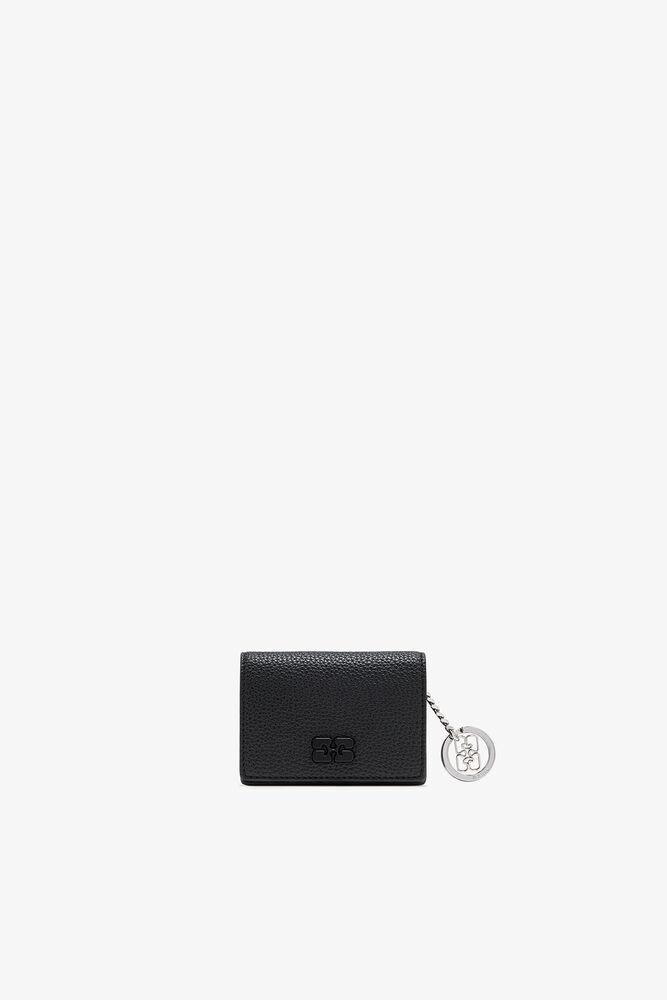 Bou Card Holder with Flap in Grained Black, Black