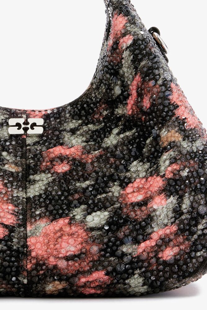Mini Hobo Bag with Beaded Flower, Black