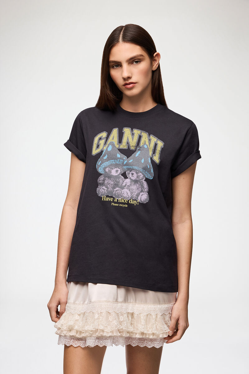 T-shirt with Mushroom Teddy, Organic Cotton, in colour Phantom - 1 - GANNI
