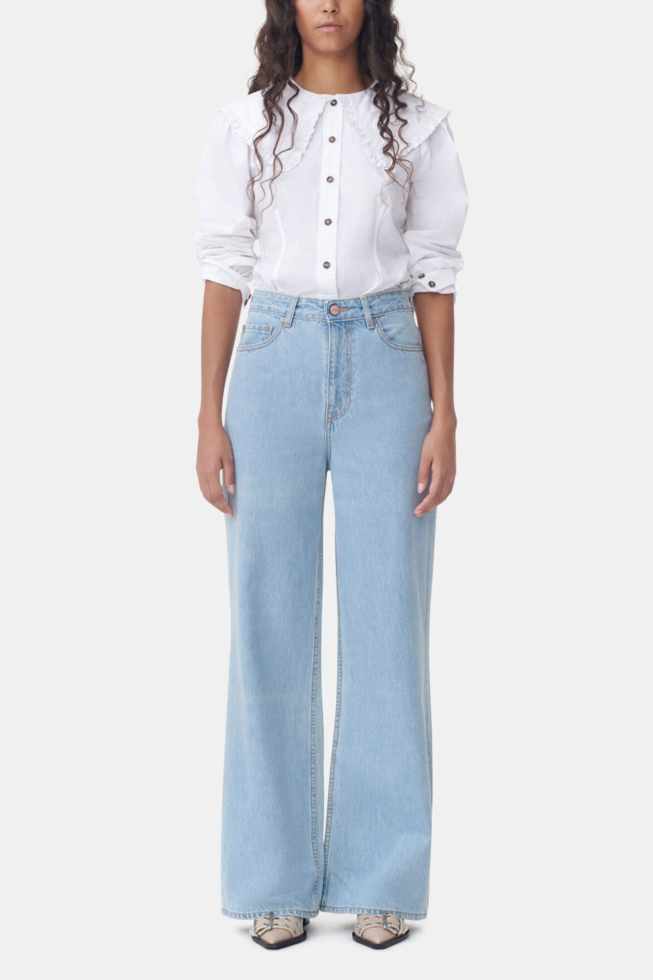 White Frill Collar Poplin Skjorte, Cotton, in colour Bright White - 2 - GANNI