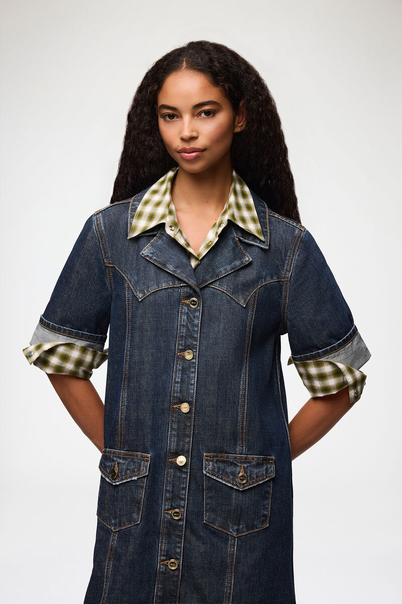 Mini Dress in Textured Slub Denim, Recycled Cotton, in colour Dark Blue Vintage - 2 - GANNI