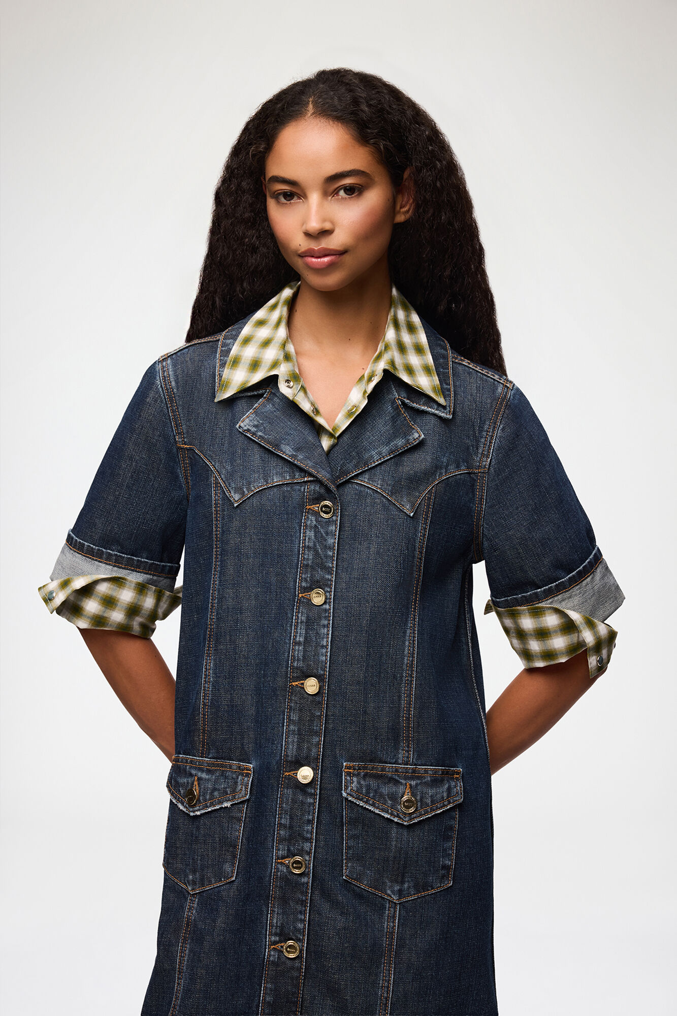 Mini Dress in Textured Slub Denim, Recycled Cotton, in colour Dark Blue Vintage - 2 - GANNI