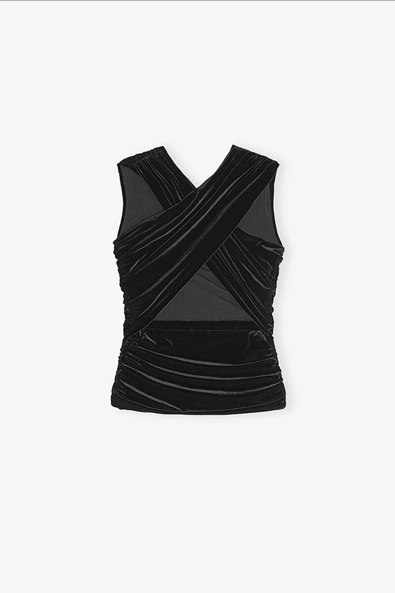 Black Velvet Ruched Top, Recycled Polyester, in colour Black - 2 - GANNI