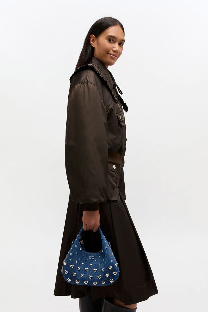 Mini Hobo Bag with Heart Studs in Denim, Navy Peony