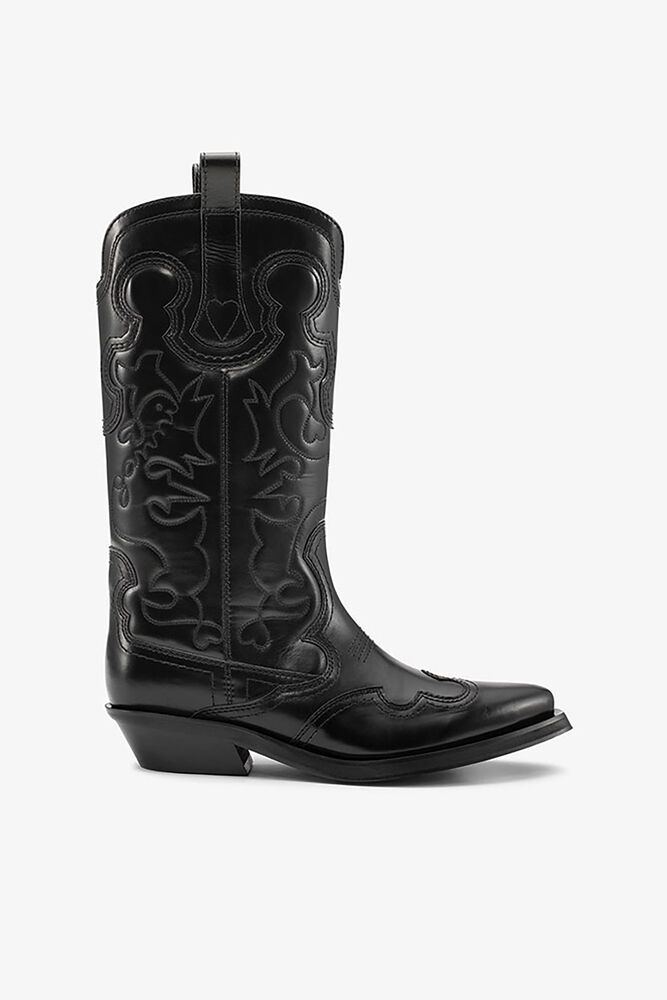 Mid Shaft Embroidered Western Boots in Black, Black/Black