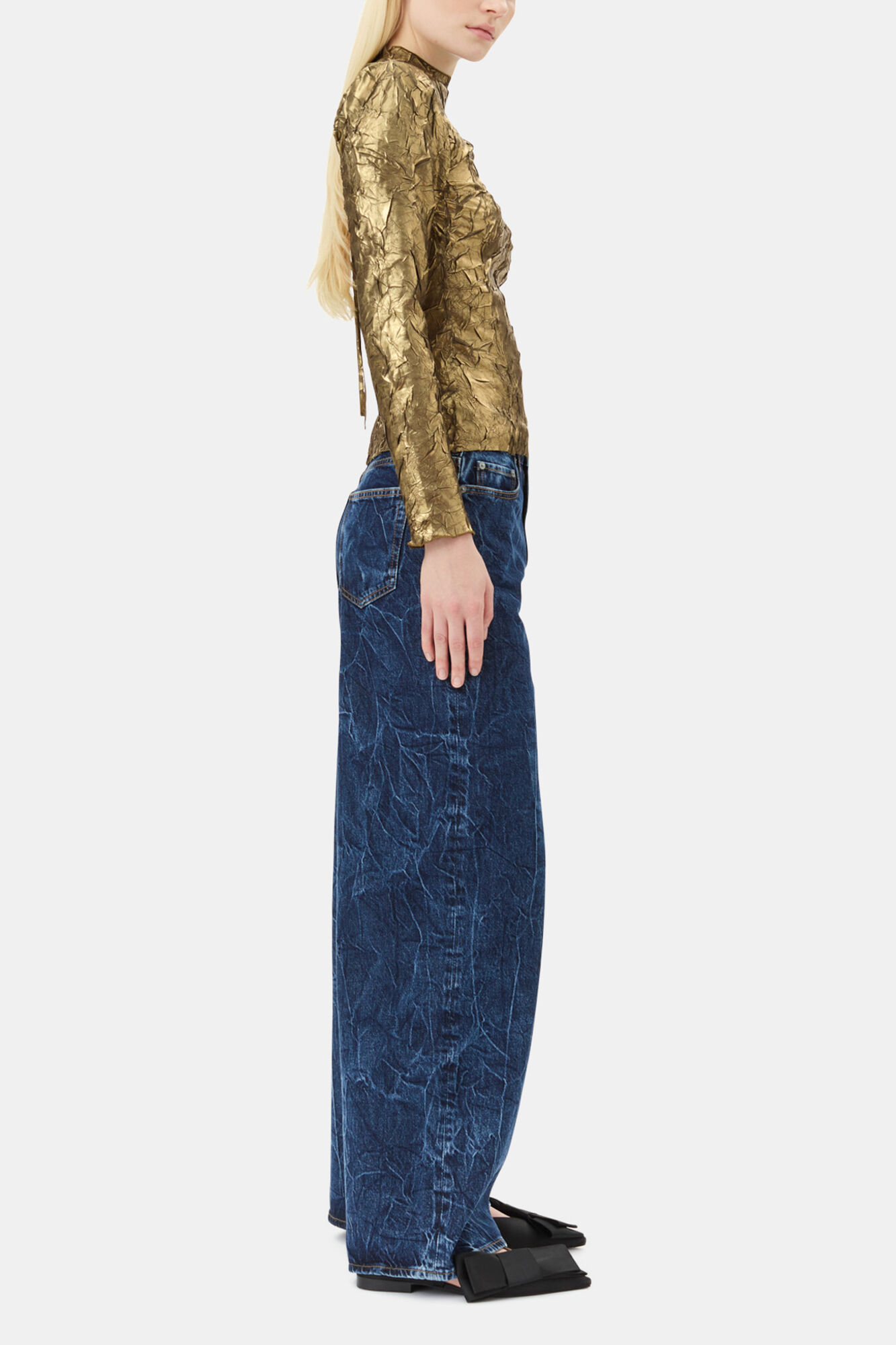 Gold Long-sleeve Blouse, Recycled Polyester, in colour Gold - 3 - GANNI