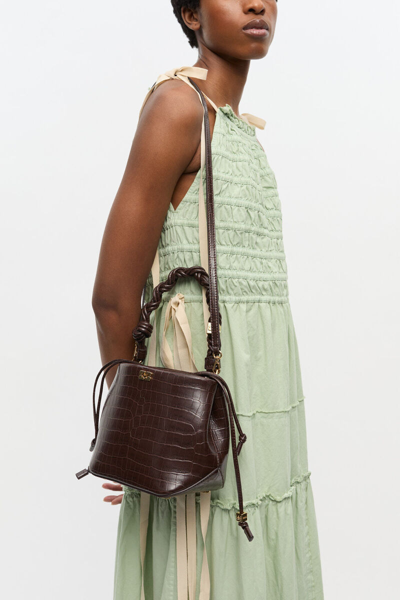 Bou Bucket Bag in Brown Croco , Recycled Leather, in colour Chocolate Fondant - 2 - GANNI