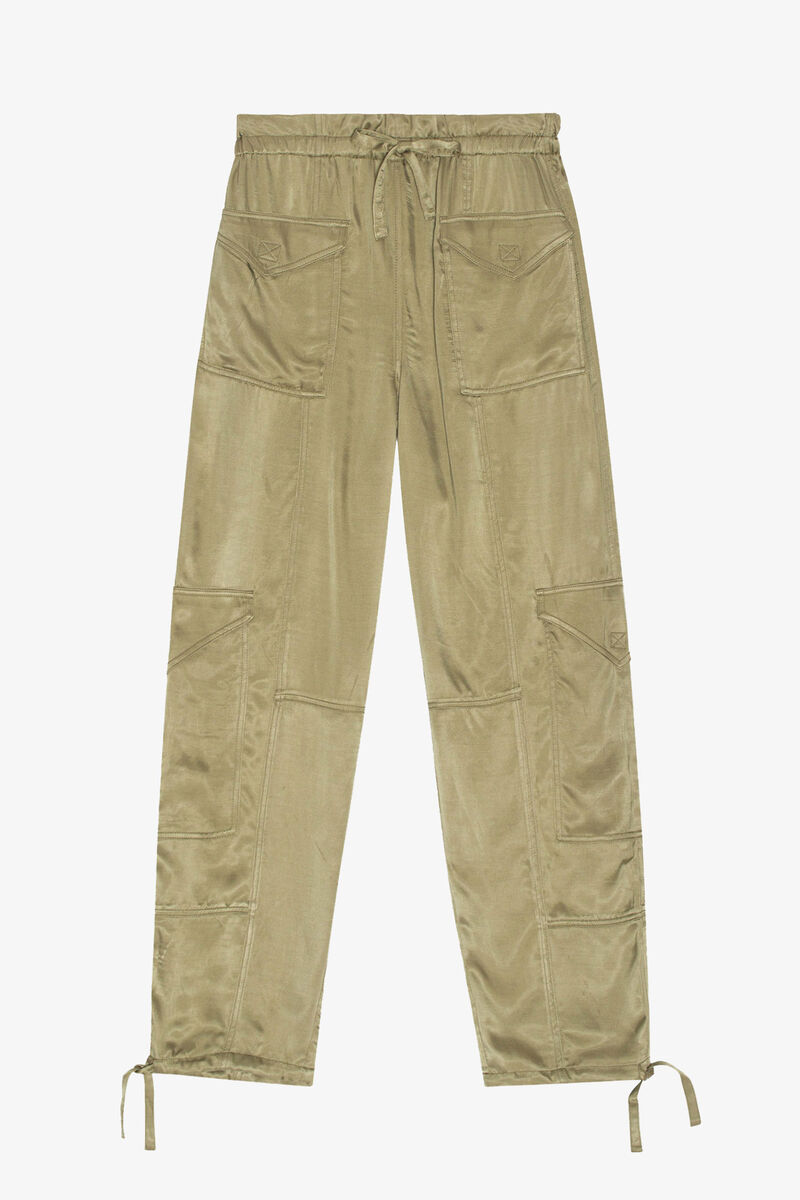 Trousers in Washed Satin, LENZING™ ECOVERO™, in colour Aloe - 1 - GANNI