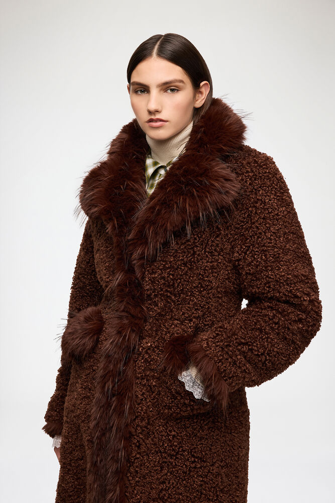 Coat in Alternative Shearling, Chocolate Brown