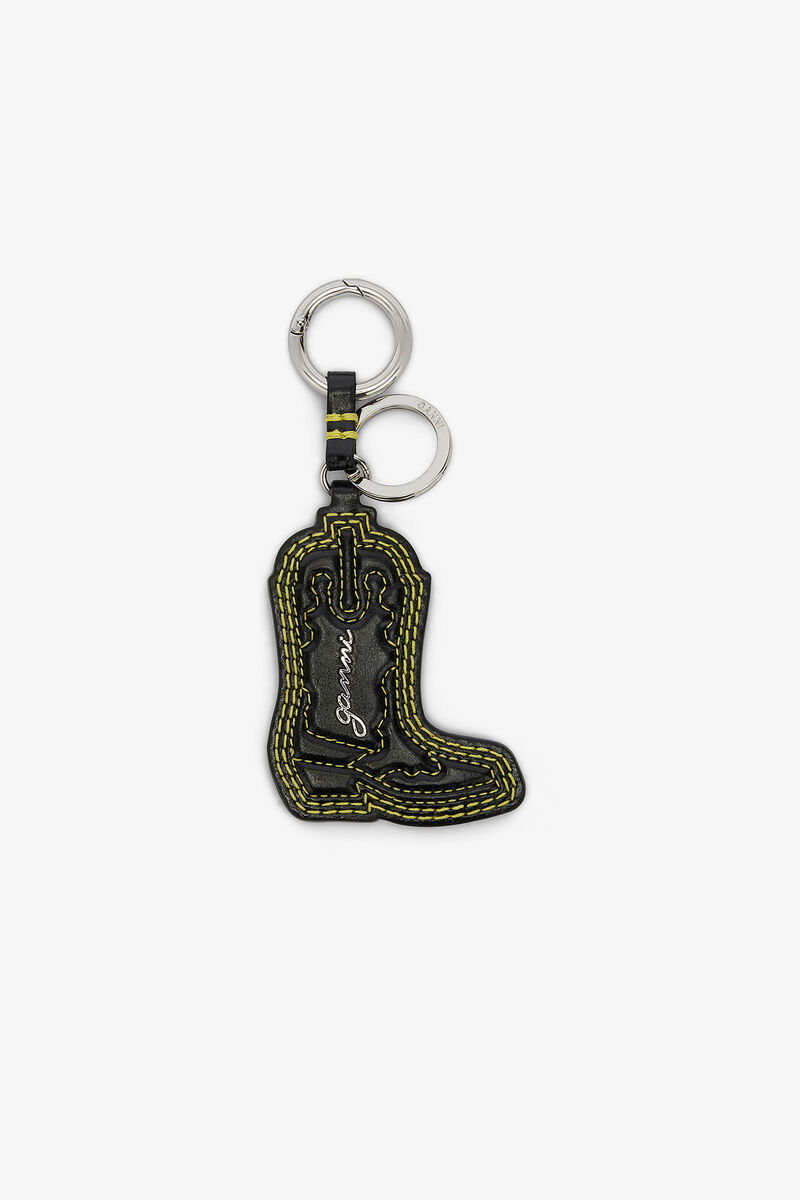 Western Boot Keyring in Black, Recycled Leather, in colour Blazing Yellow - 1 - GANNI