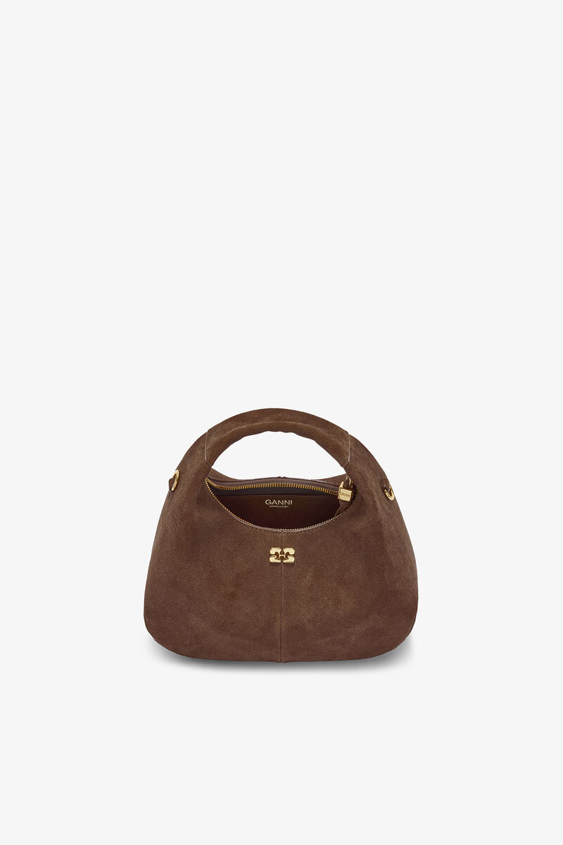 Mini Hobo Bag in Brown Suede, Recycled Leather, in colour Chicory Coffee - 3 - GANNI