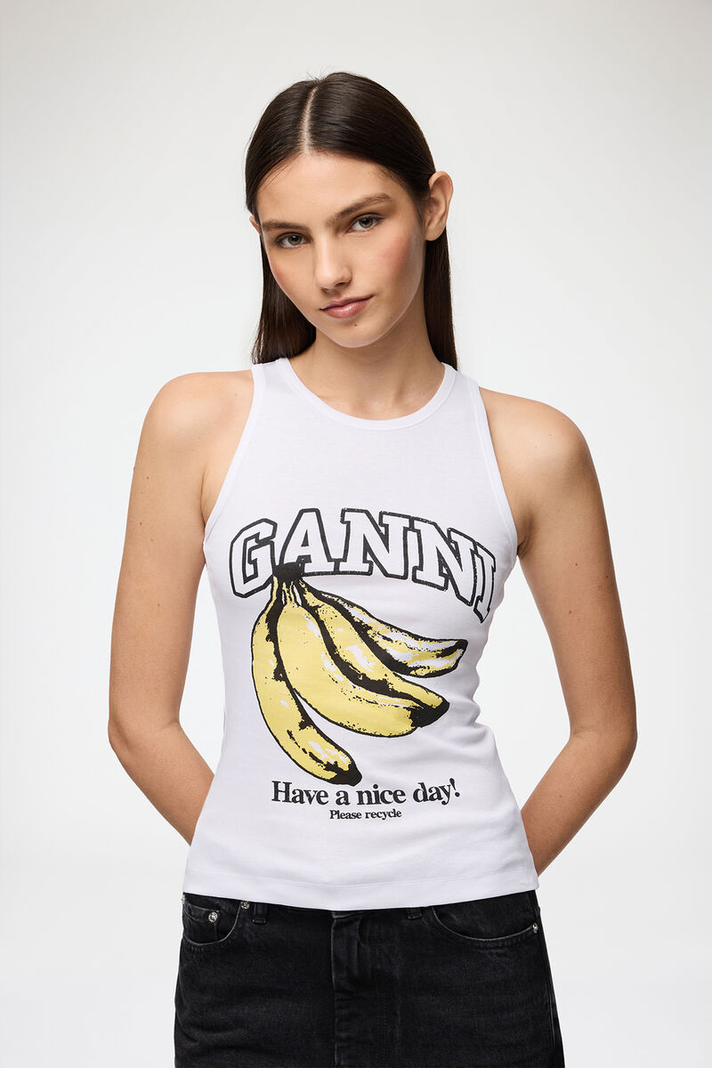 Tank Top with Banana, Organic Cotton, in colour Bright White - 1 - GANNI