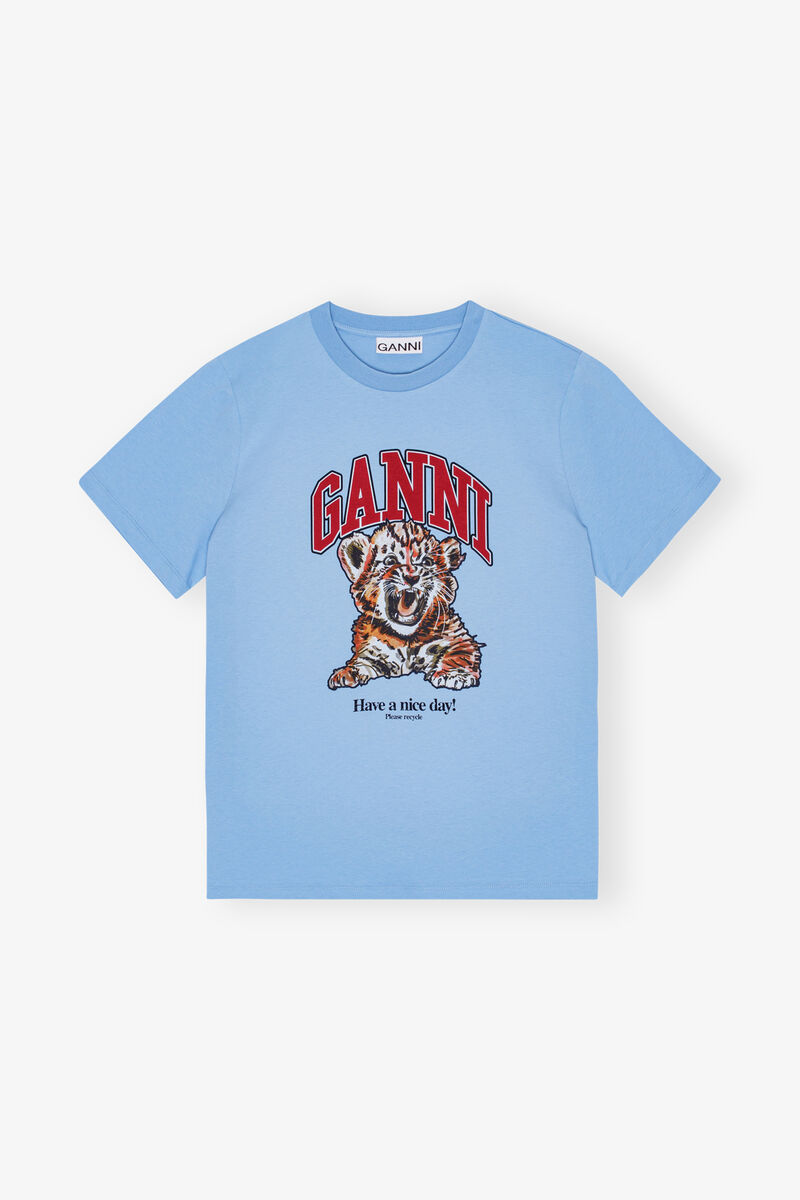 Avslappet, basic Tiger-T-skjorte i blå jersey, Organic Cotton, in colour Blissful Blue - 1 - GANNI