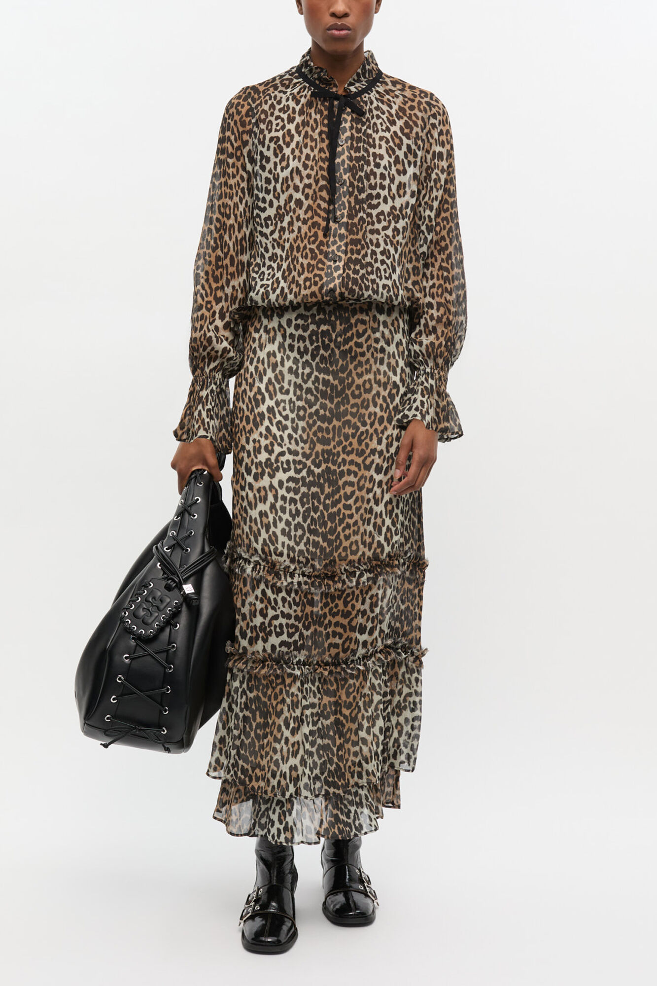 Leopard Print Chiffon Tie String Shirt, Viscose, in colour Leopard - 2 - GANNI