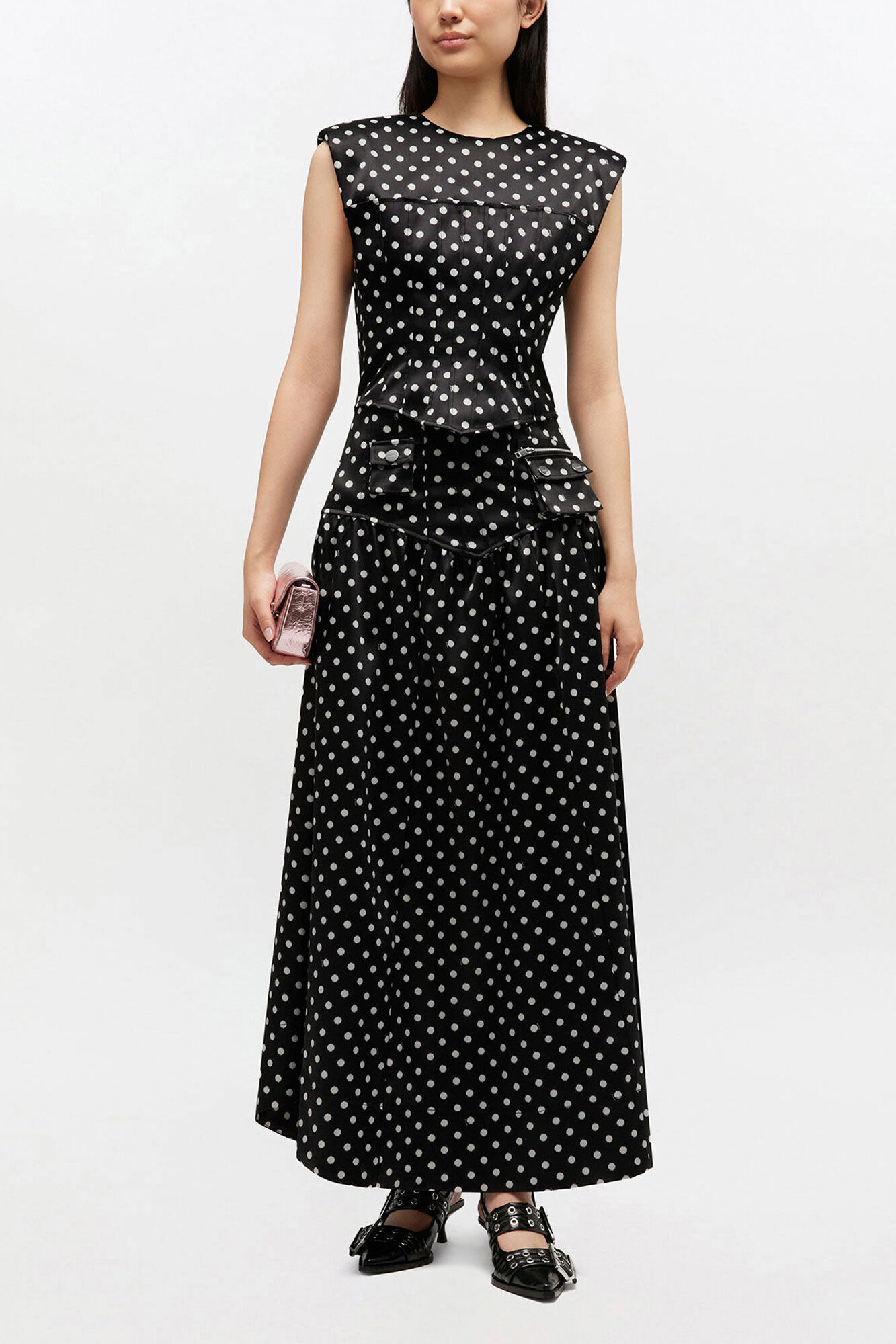 Polka-Dot Satin Corset Top, Recycled Polyester, in colour Black - 2 - GANNI