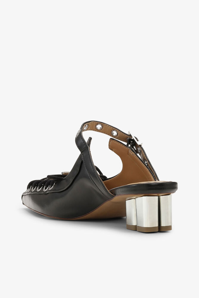 Lace-Up Mules in Black Oleatex, Black