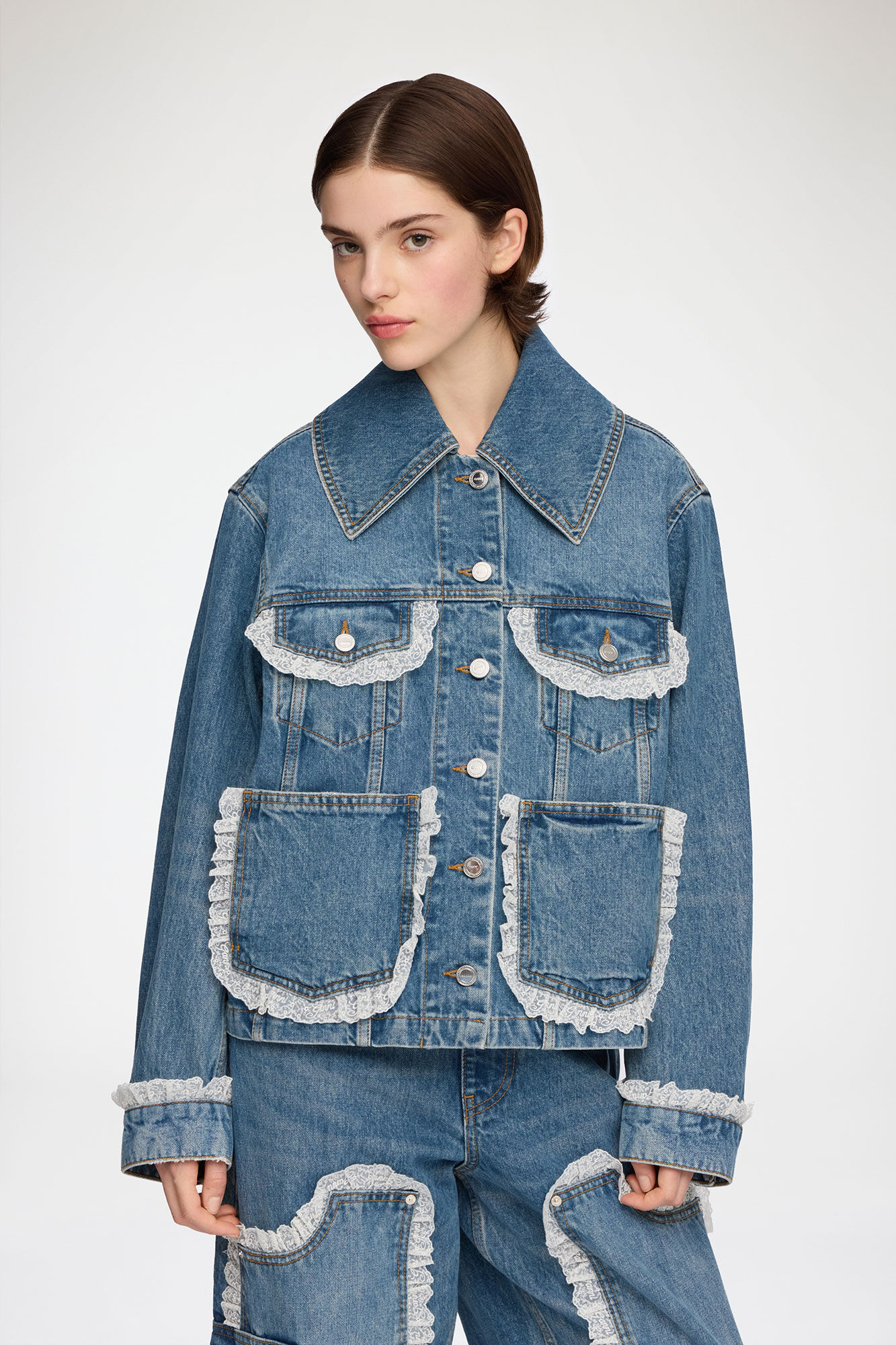 Jacket in Rigid Denim, Organic Cotton, in colour Dark Blue Vintage - 1 - GANNI