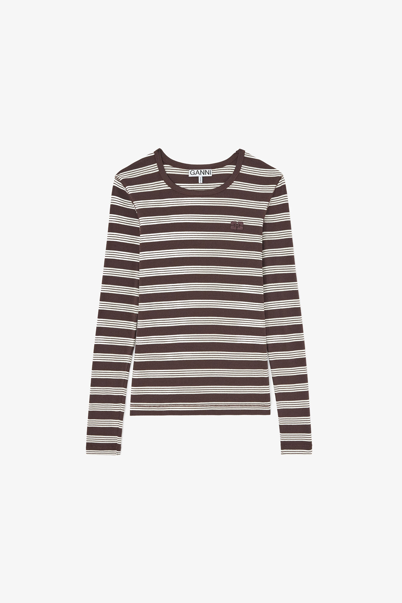 Long-sleeve Top in Stripe, Organic Cotton, in colour Mole - 1 - GANNI