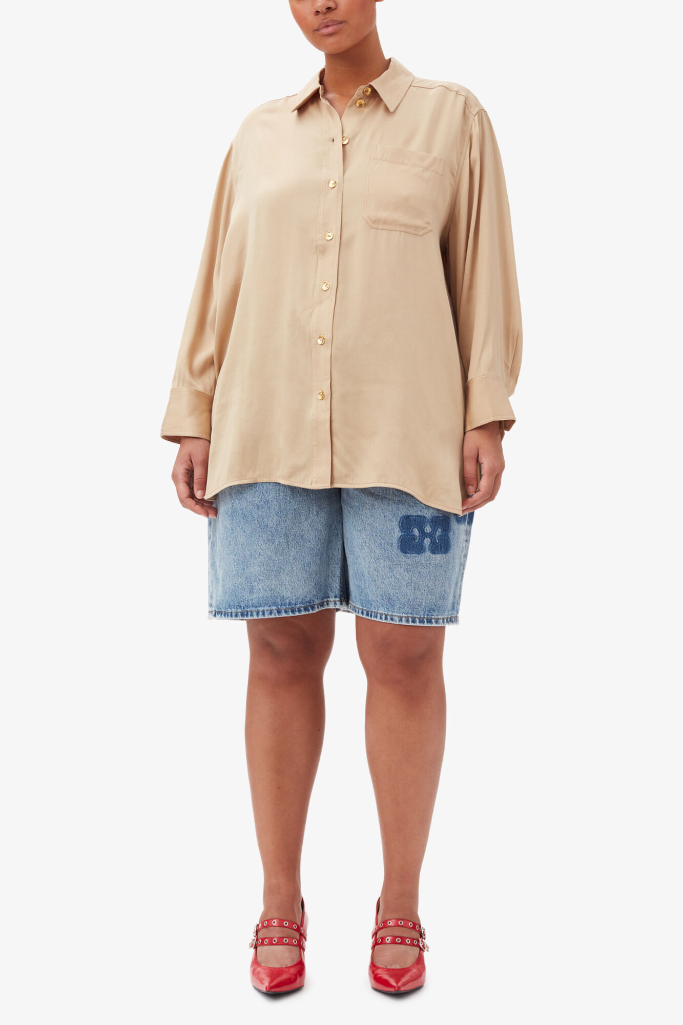 Beige Washed Satin Shirt, LENZING™ ECOVERO™, in colour Safari - 2 - GANNI
