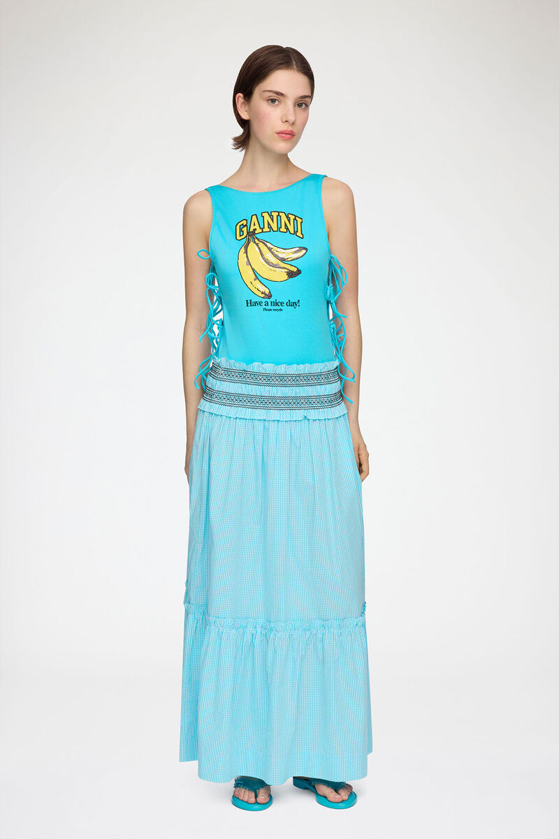Convertible Skirt in Blue Check, Organic Cotton, in colour Blue Curacao - 1 - GANNI