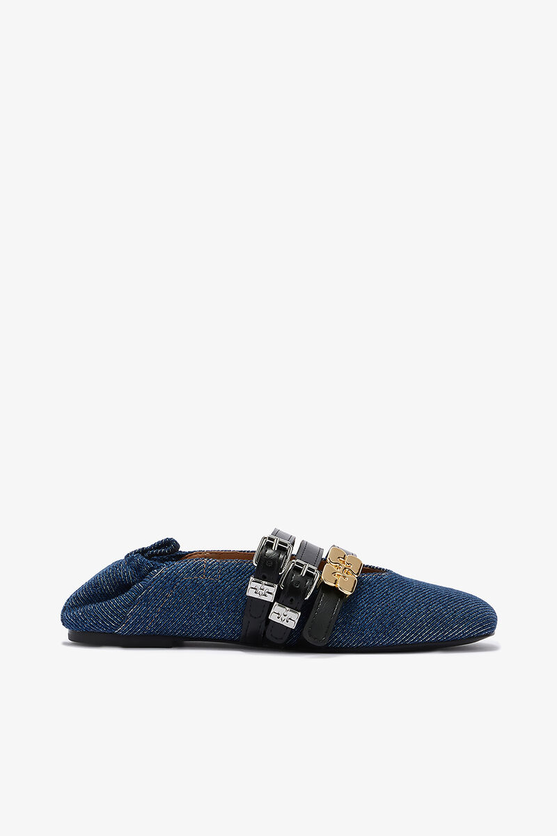 Sue Triple Ballerina in Denim, Organic Cotton, in colour Dark Blue Vintage - 1 - GANNI