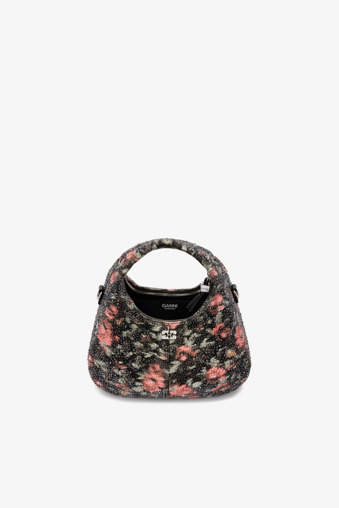 Mini Hobo Bag with Beaded Flower, Black