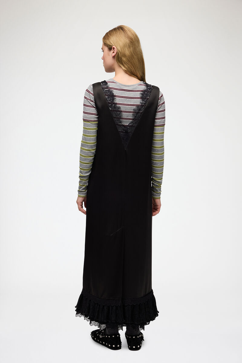Robe longue en satin et dentelle, Acetate, in colour Black - 2 - GANNI