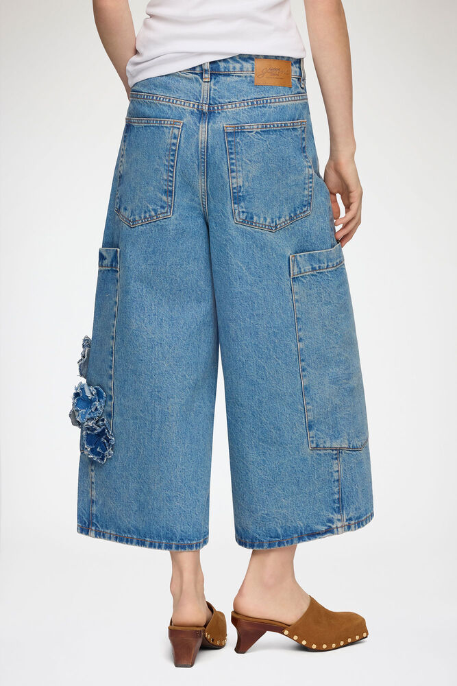 Baggy Cropped Jeans in Flower Print Denim, Mid Blue Stone