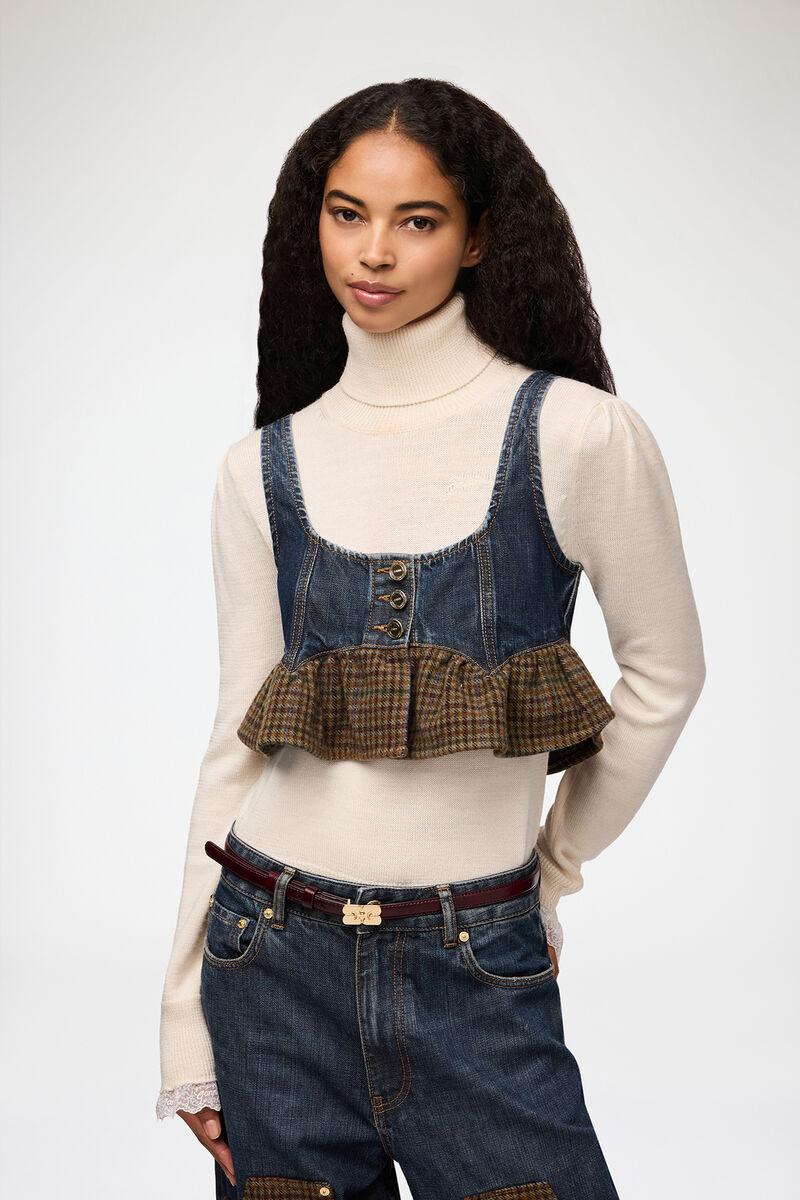 Top in Textured Slub Denim, Recycled Cotton, in colour Dark Blue Vintage - 1 - GANNI