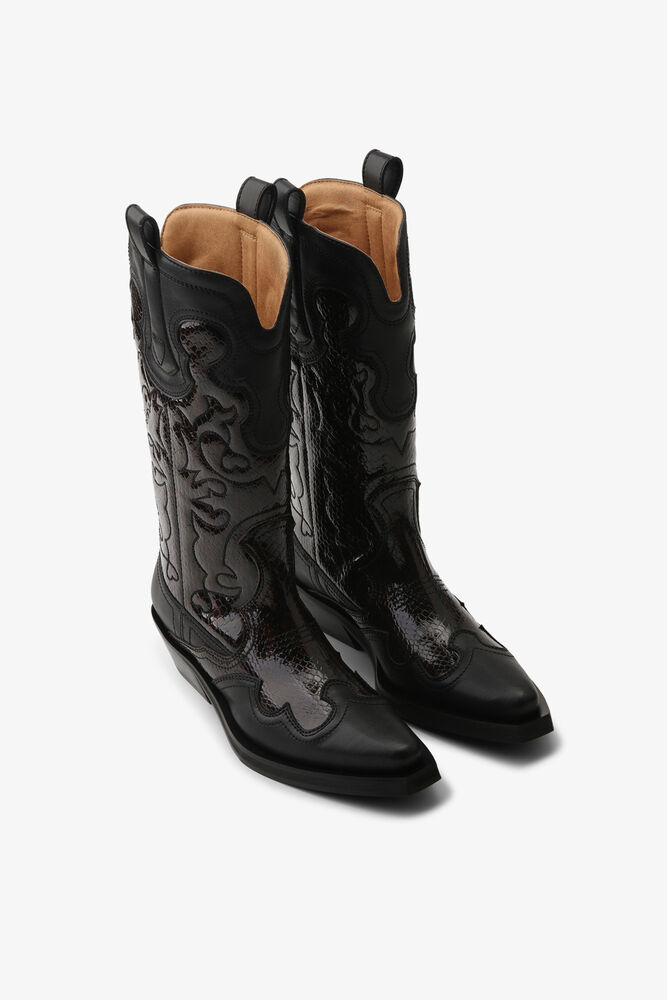 Mid Shaft Embroidered Western Boots in Burgundy, Black/Dark Burgundy