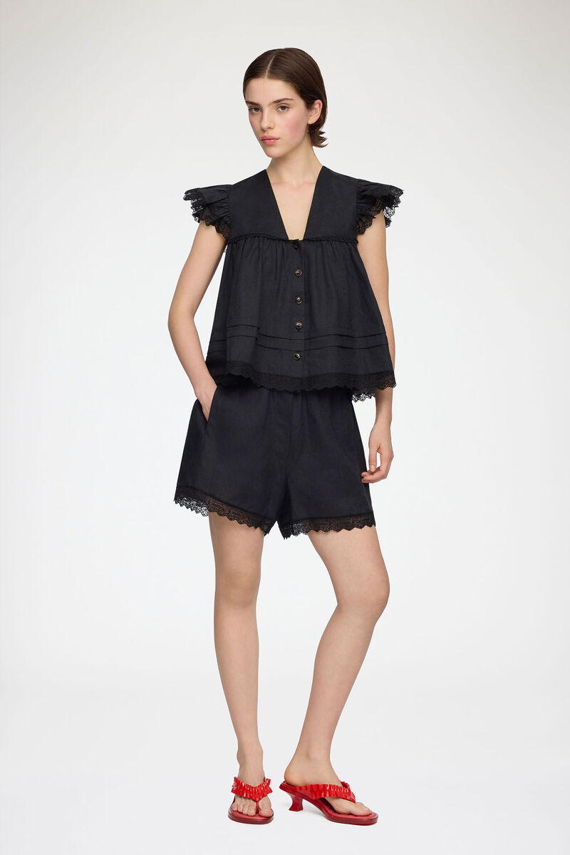Bluse aus schwarzem Leinen, Linen, in colour Black - 2 - GANNI