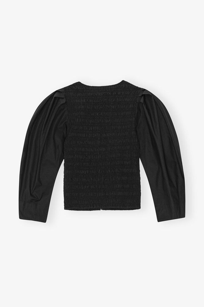 Black Cotton Poplin Smock Blouse, Black